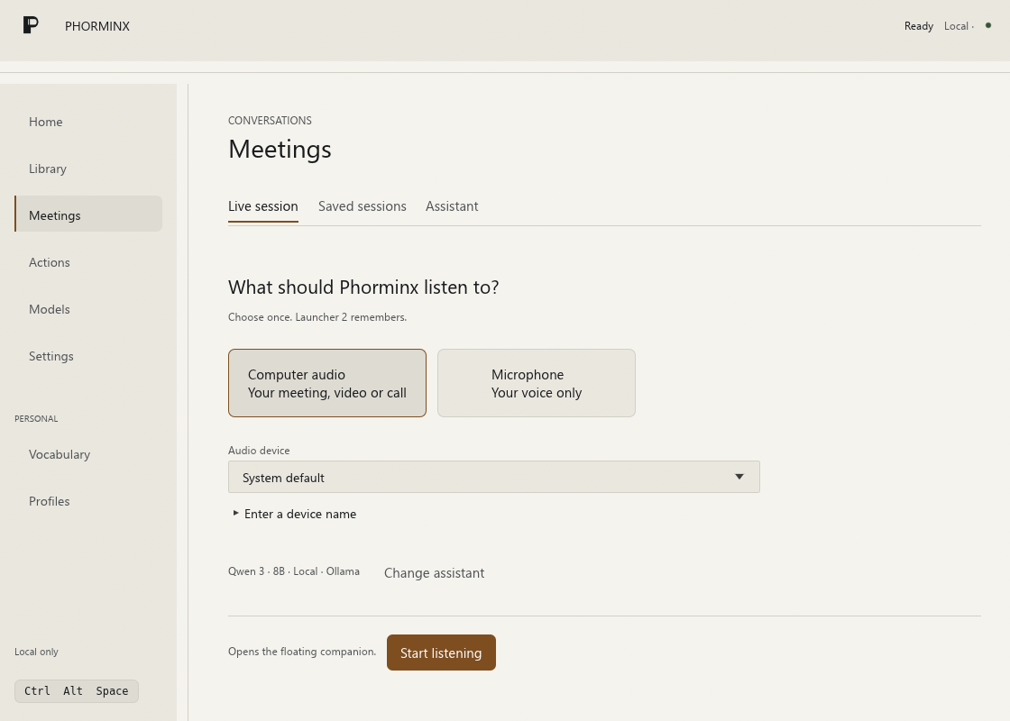 Phorminx Meetings workspace using synthetic demonstration content